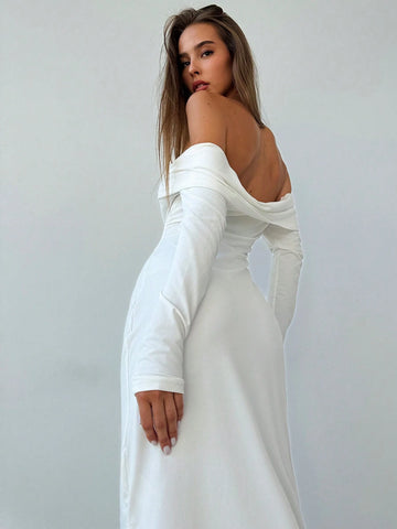 Women's Solid Color Pleated Off-Shoulder Long Sleeve High Slit Maxi Fitted Elegant Dress Formal