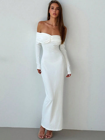 Women's Solid Color Pleated Off-Shoulder Long Sleeve High Slit Maxi Fitted Elegant Dress Formal