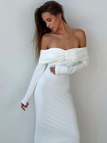 Women's Solid Color Pleated Off-Shoulder Long Sleeve High Slit Maxi Fitted Elegant Dress Formal