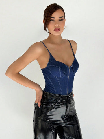 Women's Summer Denim Print Zip Front Casual Bodysuit With Straps