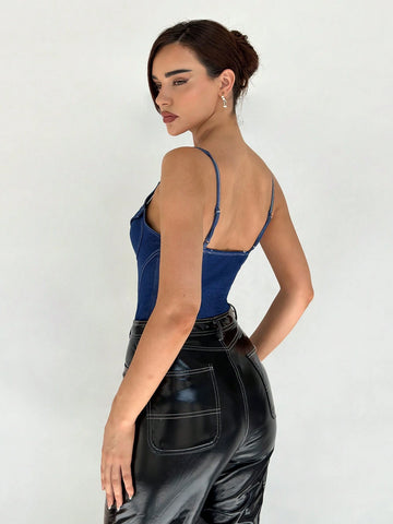 Women's Summer Denim Print Zip Front Casual Bodysuit With Straps