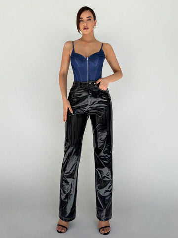 Women's Summer Denim Print Zip Front Casual Bodysuit With Straps