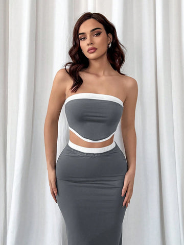 Women's Summer Elegant Commuting Daily Casual Color Matching Tube Top Slim Fishtail Skirt Knitted Gray Two-Piece Set