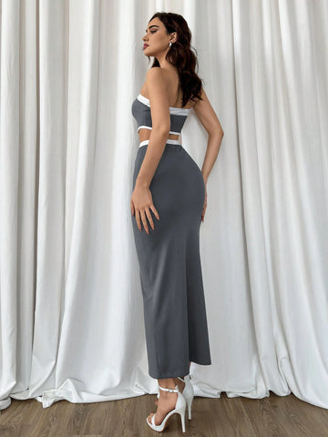 Women's Summer Elegant Commuting Daily Casual Color Matching Tube Top Slim Fishtail Skirt Knitted Gray Two-Piece Set