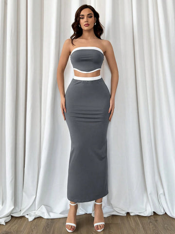Women's Summer Elegant Commuting Daily Casual Color Matching Tube Top Slim Fishtail Skirt Knitted Gray Two-Piece Set