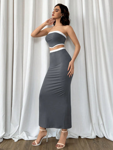 Women's Summer Elegant Commuting Daily Casual Color Matching Tube Top Slim Fishtail Skirt Knitted Gray Two-Piece Set