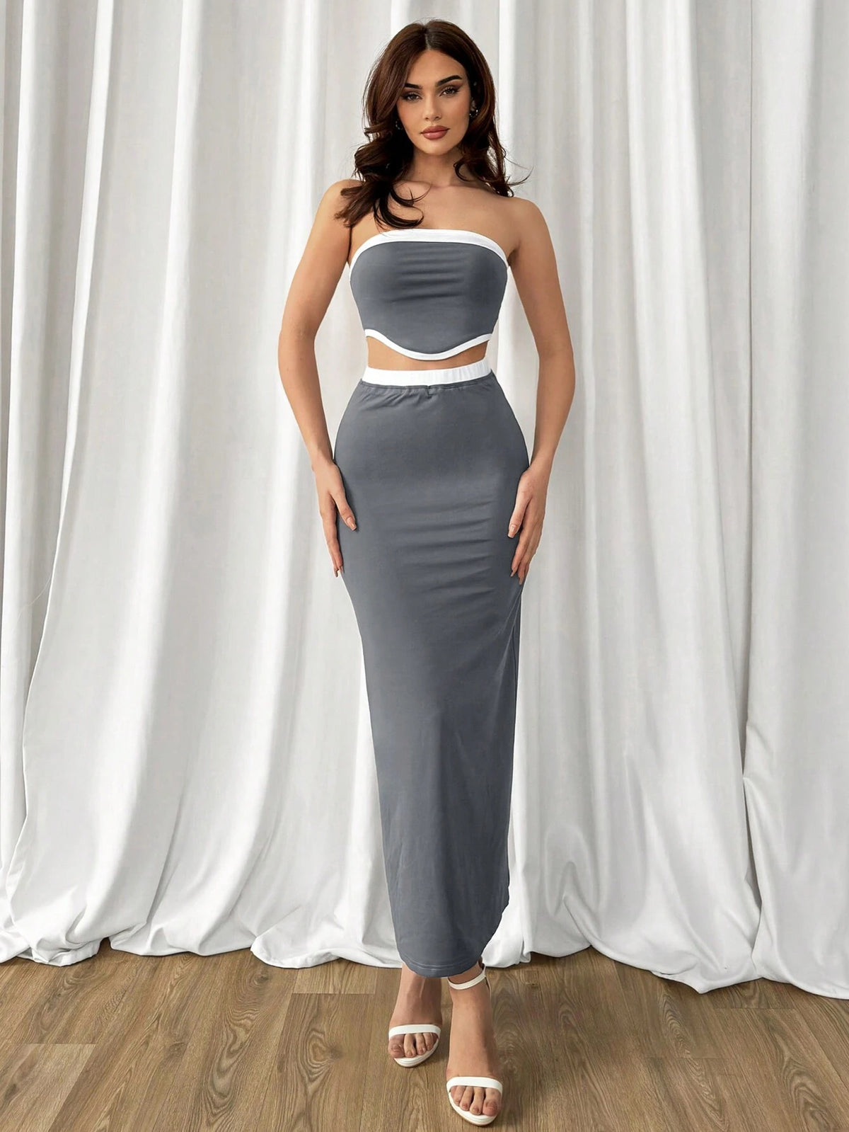 Women's Summer Elegant Commuting Daily Casual Color Matching Tube Top Slim Fishtail Skirt Knitted Gray Two-Piece Set