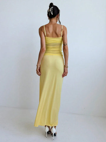 Women's Summer Fashion Solid Color Ruched Slim Fit Spaghetti Strap Dress