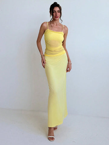 Women's Summer Fashion Solid Color Ruched Slim Fit Spaghetti Strap Dress