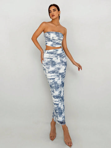 Women's Vacation Fashion Asymmetric Ruffle Hem Denim Print Vest And Low Waist Straight Fit Skirt Set