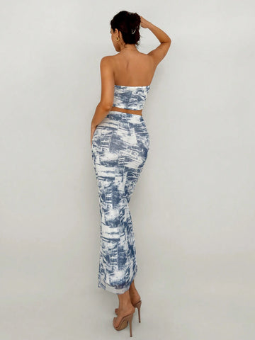 Women's Vacation Fashion Asymmetric Ruffle Hem Denim Print Vest And Low Waist Straight Fit Skirt Set