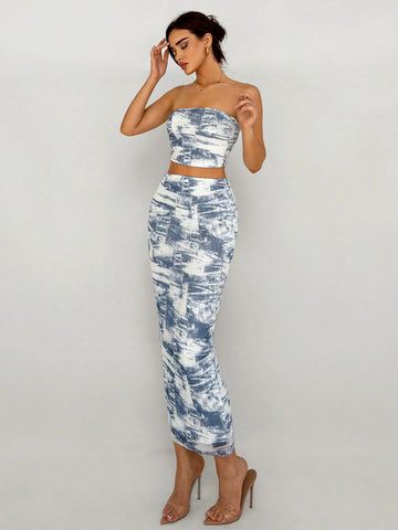 Women's Vacation Fashion Asymmetric Ruffle Hem Denim Print Vest And Low Waist Straight Fit Skirt Set