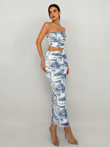 Women's Vacation Fashion Asymmetric Ruffle Hem Denim Print Vest And Low Waist Straight Fit Skirt Set