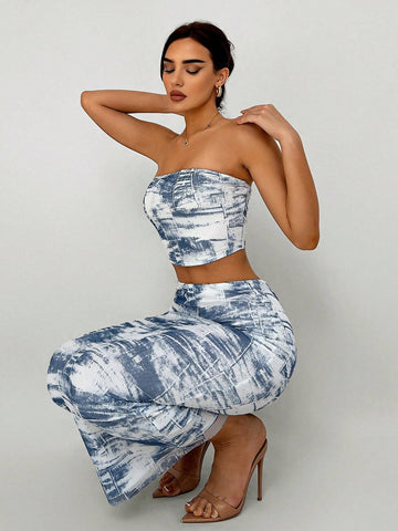 Women's Vacation Fashion Asymmetric Ruffle Hem Denim Print Vest And Low Waist Straight Fit Skirt Set