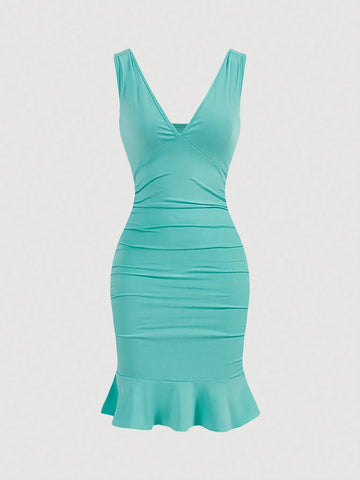 Women's Valentine's Day Deep-V Tank Top And Ruffled Hem Mini Dress With Bodycon Pleats, Suitable For Holiday And Date
