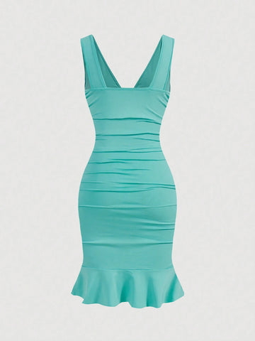 Women's Valentine's Day Deep-V Tank Top And Ruffled Hem Mini Dress With Bodycon Pleats, Suitable For Holiday And Date