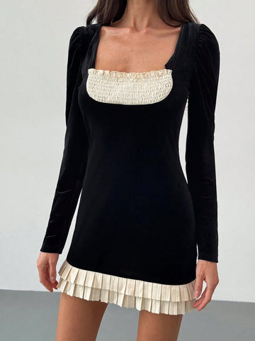 Women's Velvet Gigot Sleeve High-Neck Color Block Cable Knit Pleated Hem Elegant Party Chic