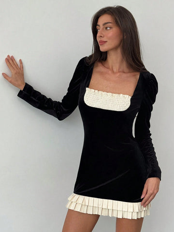 Women's Velvet Gigot Sleeve High-Neck Color Block Cable Knit Pleated Hem Elegant Party Chic