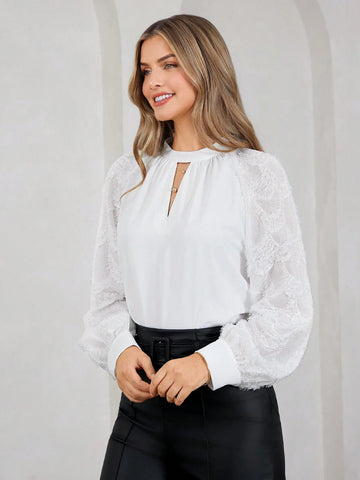 Amorya Autumn White Panel Cut-Out Sleeve Loose Women Shirt