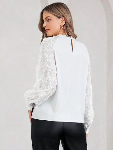 Amorya Autumn White Panel Cut-Out Sleeve Loose Women Shirt