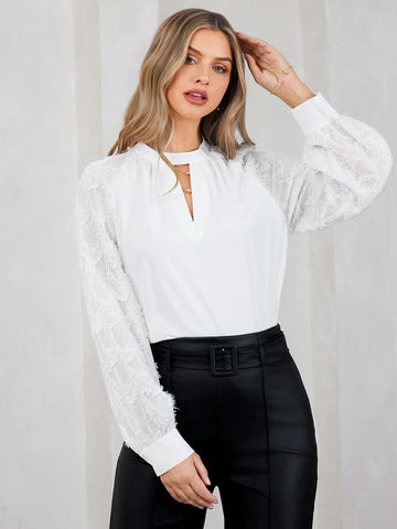 Amorya Autumn White Panel Cut-Out Sleeve Loose Women Shirt