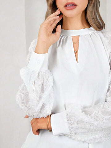 Amorya Autumn White Panel Cut-Out Sleeve Loose Women Shirt