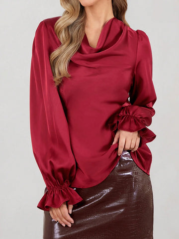 Elegant Women's Ankora Red Long Sleeved Swing Collar Lace Up Satin Shirt