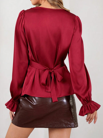 Elegant Women's Ankora Red Long Sleeved Swing Collar Lace Up Satin Shirt