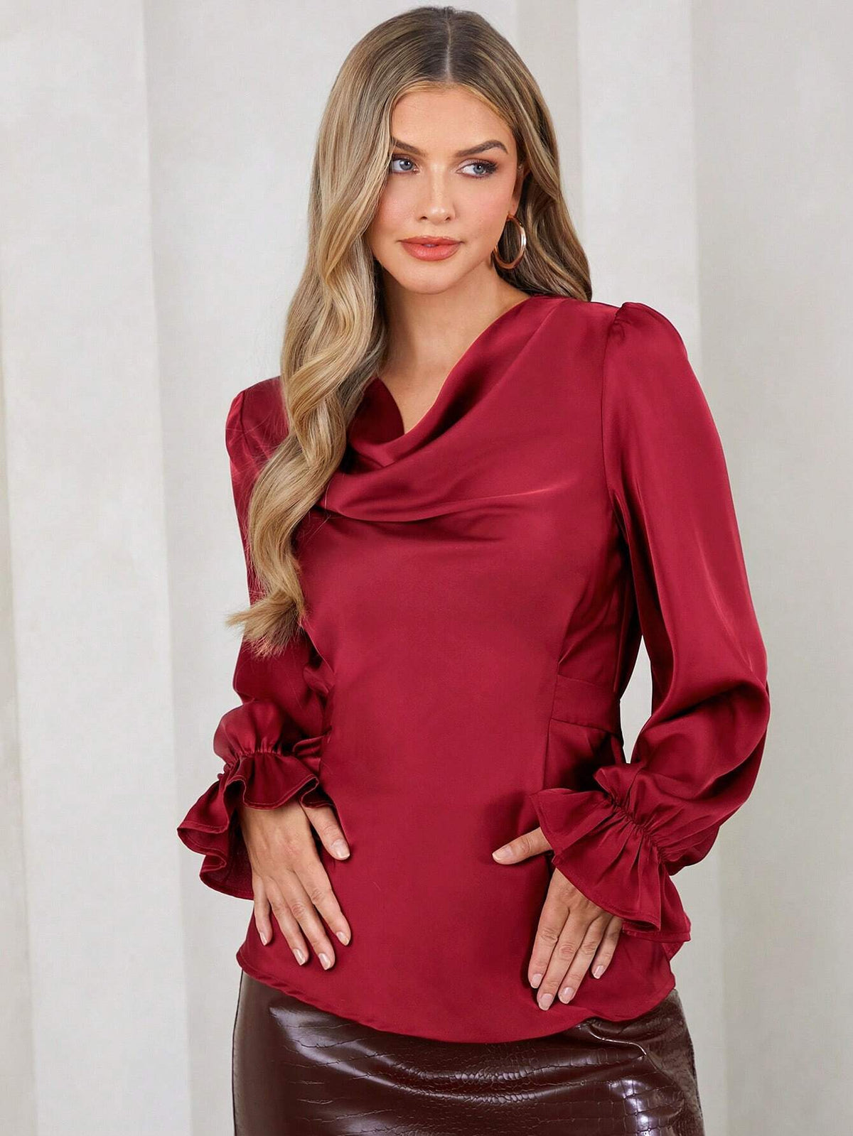 Elegant Women's Ankora Red Long Sleeved Swing Collar Lace Up Satin Shirt
