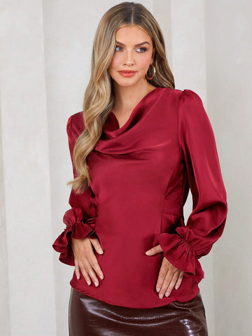 Elegant Women's Ankora Red Long Sleeved Swing Collar Lace Up Satin Shirt