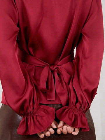 Elegant Women's Ankora Red Long Sleeved Swing Collar Lace Up Satin Shirt