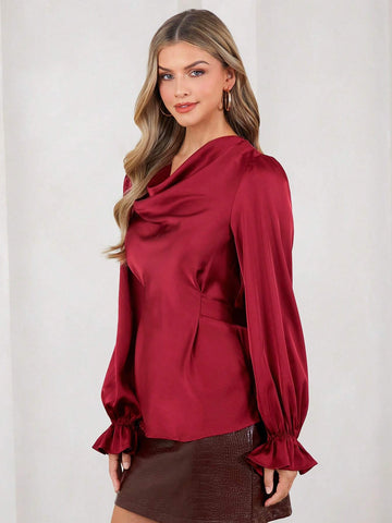 Elegant Women's Ankora Red Long Sleeved Swing Collar Lace Up Satin Shirt