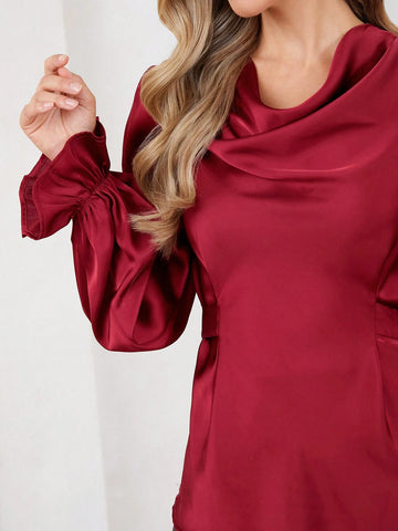 Elegant Women's Ankora Red Long Sleeved Swing Collar Lace Up Satin Shirt