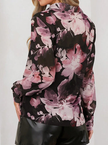 Elegant Women's Long Sleeved Two-Color Large Floral Print Mesh Lapel Button Up Blouse