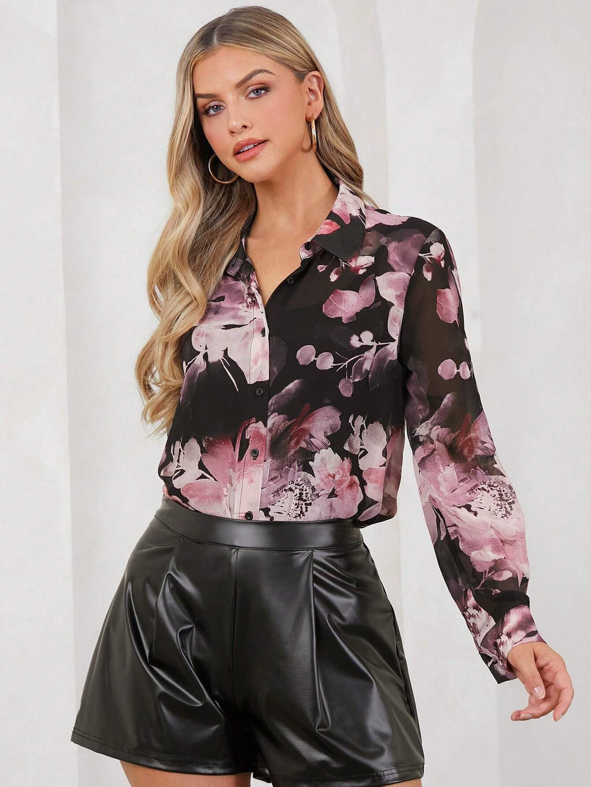 Elegant Women's Long Sleeved Two-Color Large Floral Print Mesh Lapel Button Up Blouse