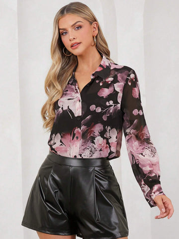 Elegant Women's Long Sleeved Two-Color Large Floral Print Mesh Lapel Button Up Blouse