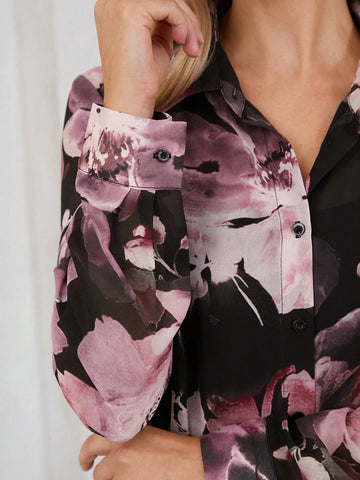Elegant Women's Long Sleeved Two-Color Large Floral Print Mesh Lapel Button Up Blouse