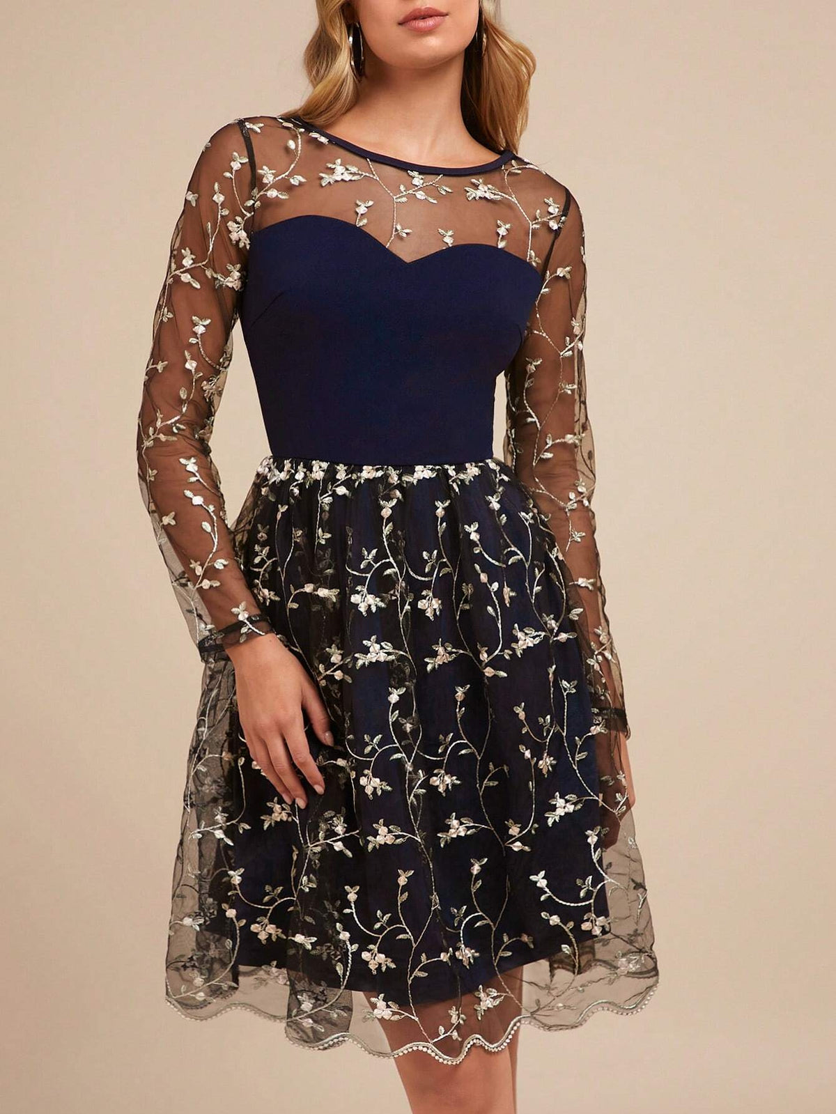 Women Elegant Embroidery Patchwork Sheer Long Sleeve Sweetheart Collar A-Line Midi Knit