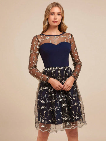 Women Elegant Embroidery Patchwork Sheer Long Sleeve Sweetheart Collar A-Line Midi Knit