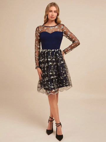 Women Elegant Embroidery Patchwork Sheer Long Sleeve Sweetheart Collar A-Line Midi Knit