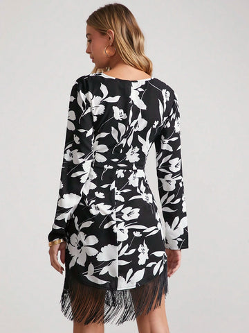 Women Short Floral Print Fringed Elegant Tie-Up Long Sleeve Dress