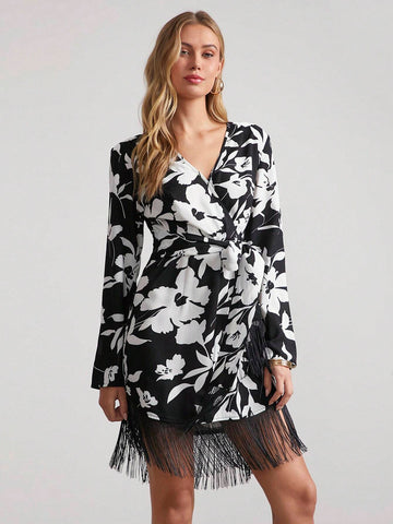 Women Short Floral Print Fringed Elegant Tie-Up Long Sleeve Dress