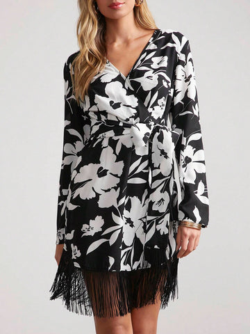 Women Short Floral Print Fringed Elegant Tie-Up Long Sleeve Dress