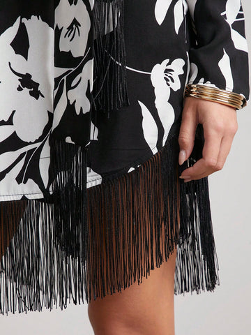 Women Short Floral Print Fringed Elegant Tie-Up Long Sleeve Dress