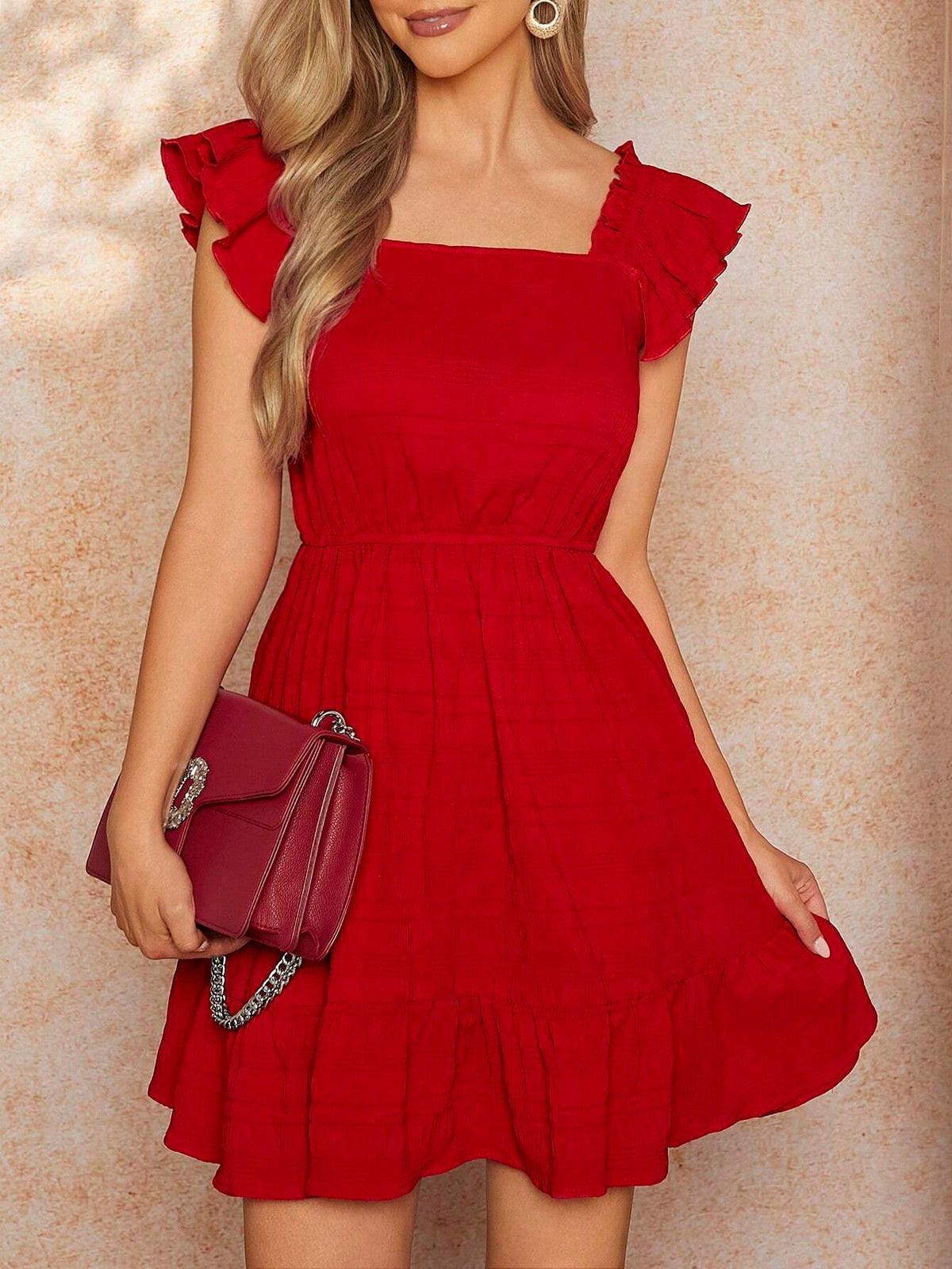 Women Square Neckline Ruffle Hem Solid Dress, For Summer Vocation