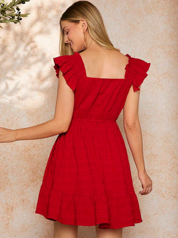 Women Square Neckline Ruffle Hem Solid Dress, For Summer Vocation