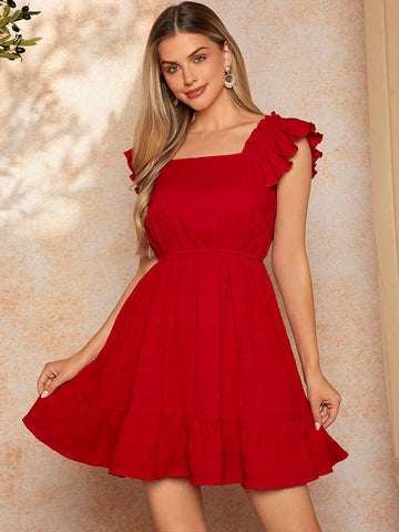 Women Square Neckline Ruffle Hem Solid Dress, For Summer Vocation