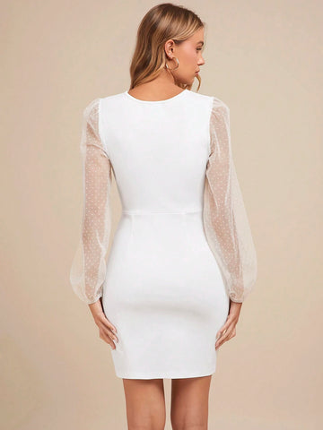 Women's Autumn Winter Fashion Versatile V-Neck Mesh Polka Dot Long Sleeve White Ruffle Hem