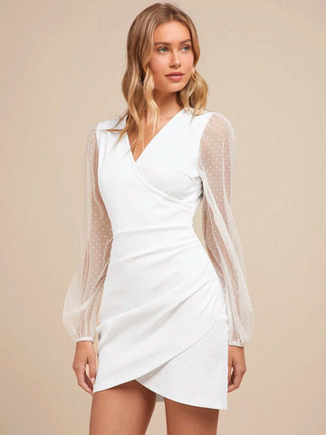 Women's Autumn Winter Fashion Versatile V-Neck Mesh Polka Dot Long Sleeve White Ruffle Hem