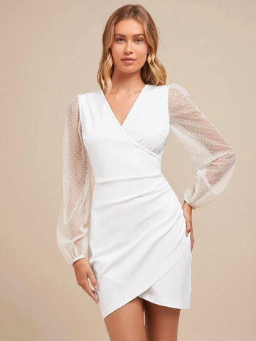 Women's Autumn Winter Fashion Versatile V-Neck Mesh Polka Dot Long Sleeve White Ruffle Hem